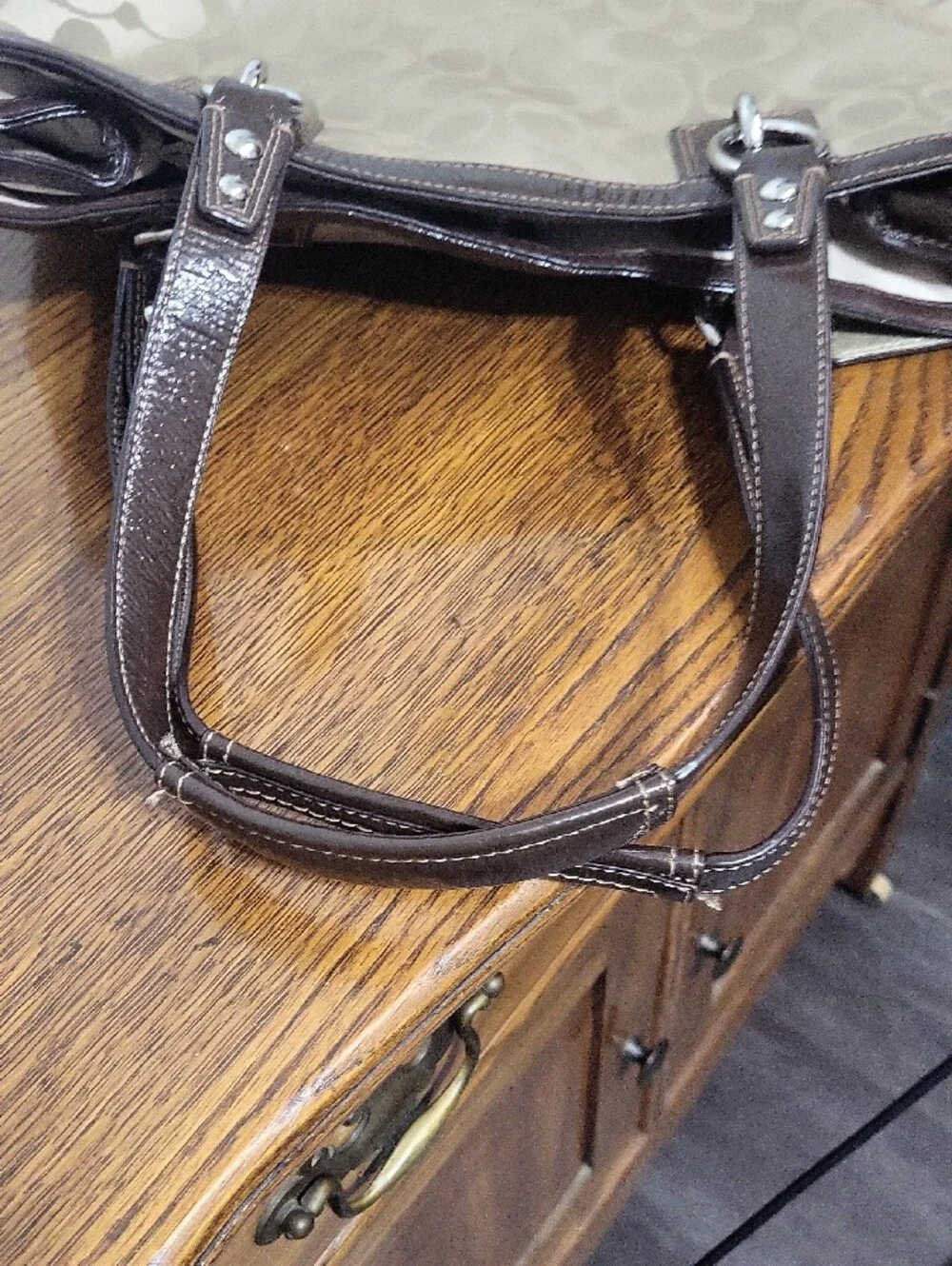 Coach Beige Signature Tote with Dark Brown Trim and Front Pocket